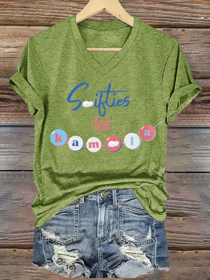 Women's With Hope And Love Childless Cat Lady Printed Casual V-Neck T-Shirt