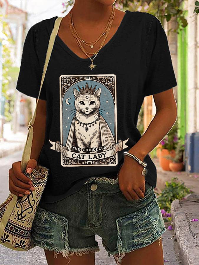 Women's Childless Cat Lady Print Round Neck T-Shirt