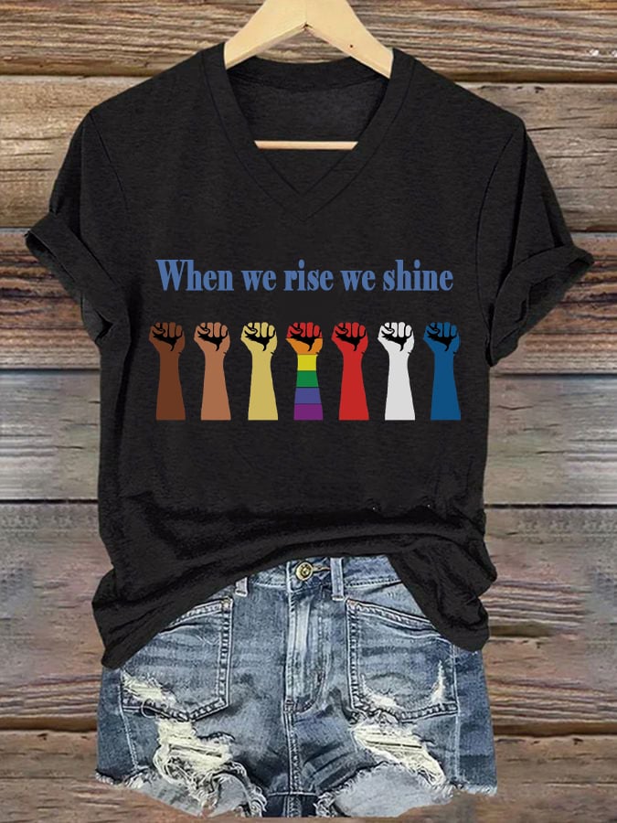 Women's When We Rise We Shine Printed V-Neck Short-Sleeved T-Shirt
