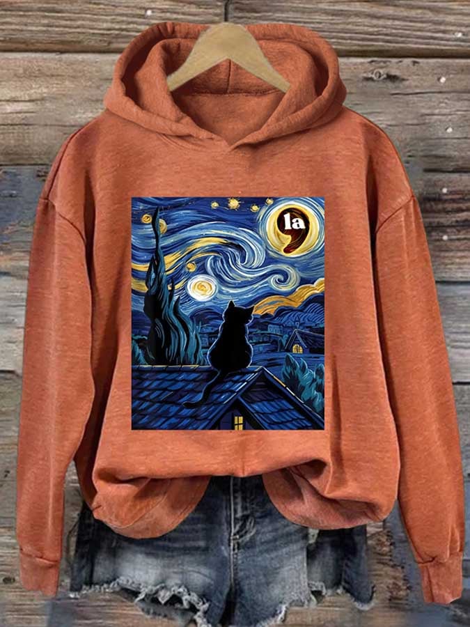 Retro Cat LA Starry Night Print Hoodie
