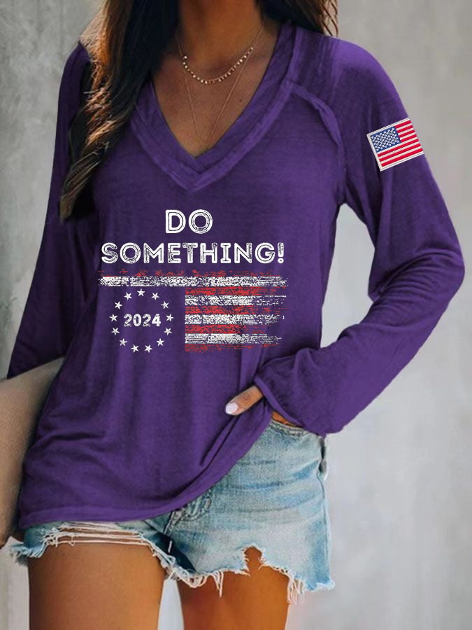 Women's Do Something Long Sleeve V-Neck Printed T-Shirt