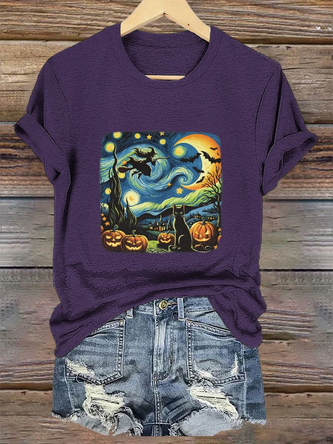 Women's Halloween Oil Painting Cat Print T-shirt