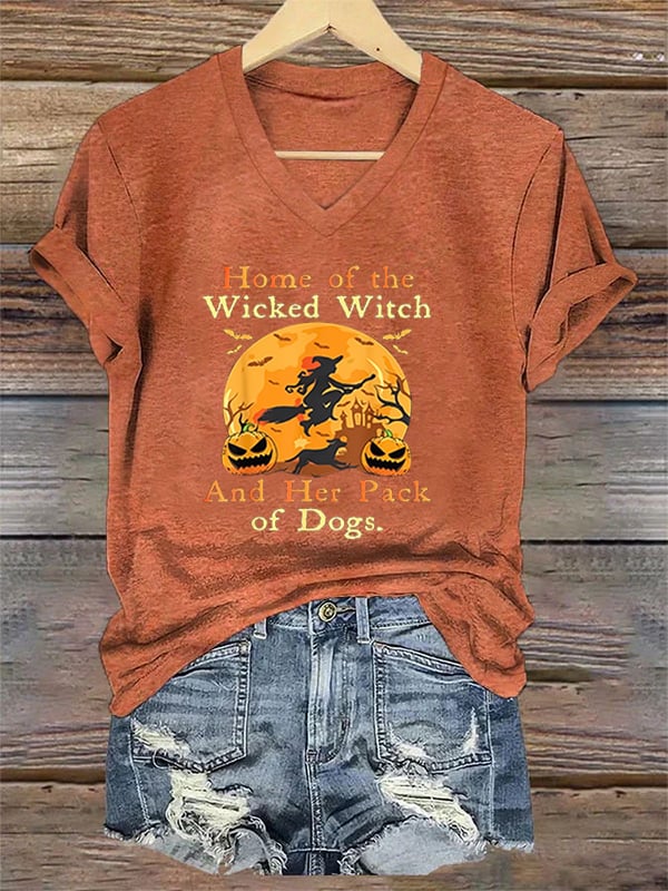 Home Of The Wicked Witch And Her Pack Of Dogs Print V Neck T-Shirt