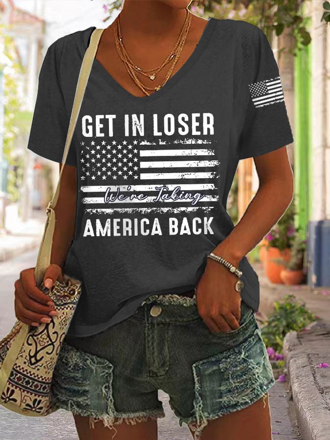 Women's Get In Loser We're Taking America Back 2024 Vote MAGA American Flag V-Neck Tee