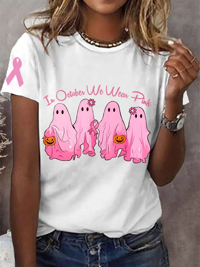 Women's In October We Wear Pink Halloween Ghost Breast Cancer Awareness Warrior Tee