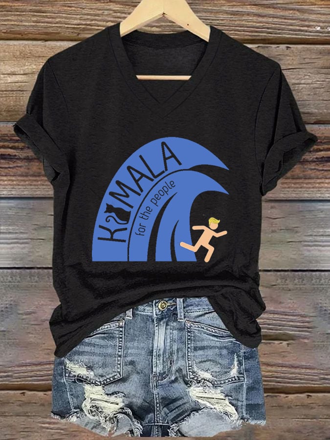 Women's Blue Wave Print V-Neck T-Shirt