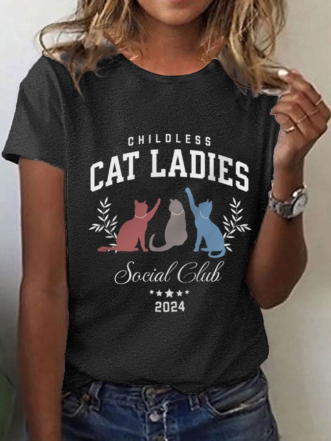 Women's Childless Cat Lady Print O-Neck T-Shirt