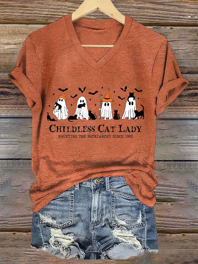 Women's Halloween Childless Cat Lady Print T-Shirt