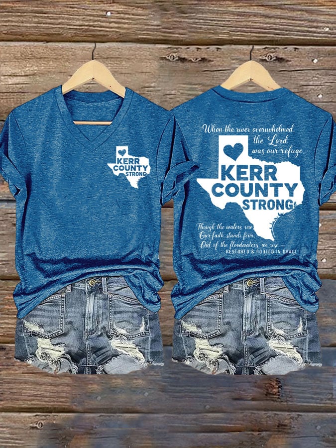 Women's Texas Flood KERR COUNTY STRONG Print V-Neck T-Shirt