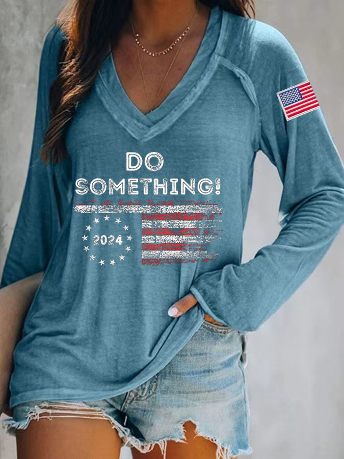 Women's Do Something Long Sleeve V-Neck Printed T-Shirt