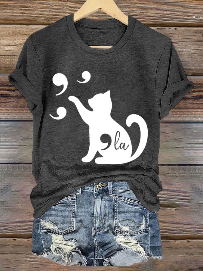Women's Cat Comma La Print Crew Neck T-Shirt