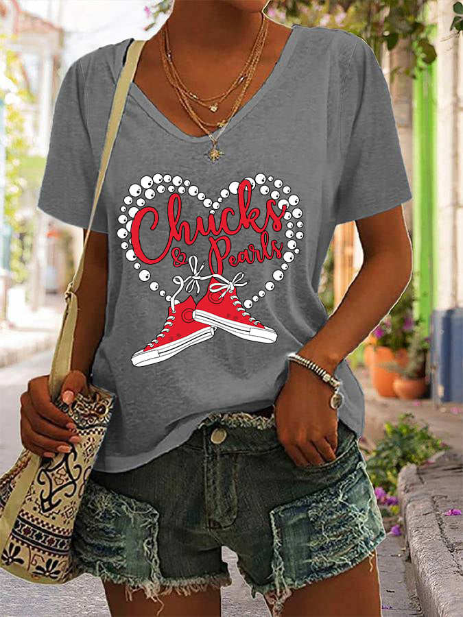 Women's Chucks & Pearls Pearl Heart Print V-Neck T-Shirt