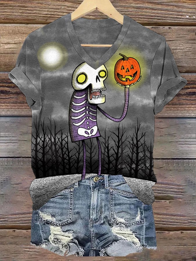 Women's Halloween Skull and Pumpkin Print V Neck T-Shirt