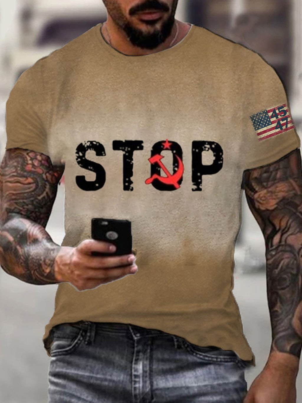 Men's  Stop Communism 45 47 Flag Print Short Sleeve T-shirt