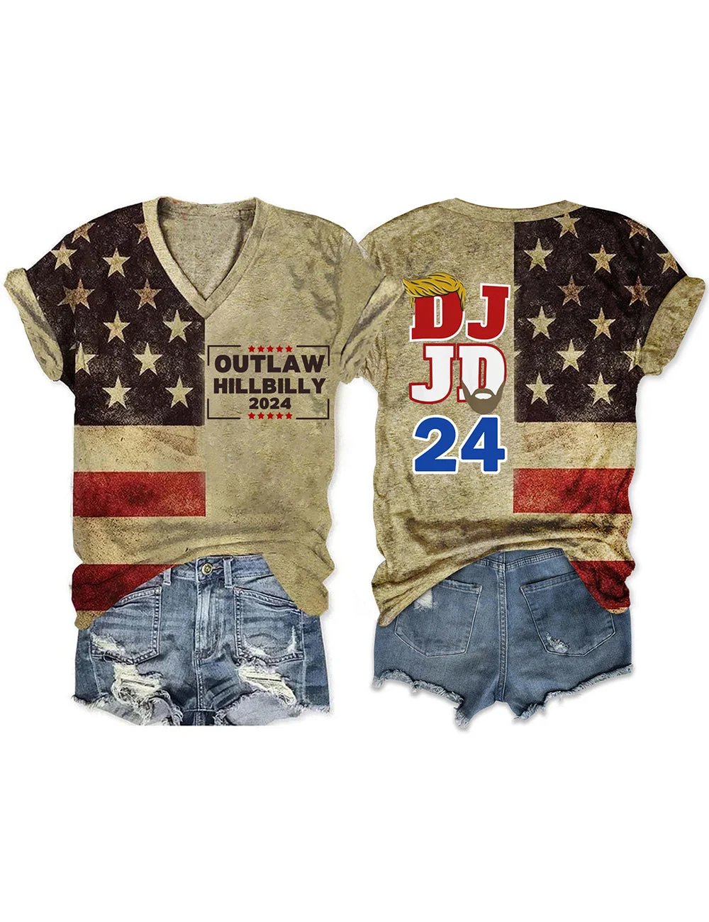 Women's Outlaw Hillbilly America 2024 Print V-Neck Tee