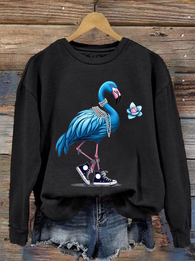 Women's Pearl Necklace Canvas Shoes Flamingo Print Round Neck Sweatshirt