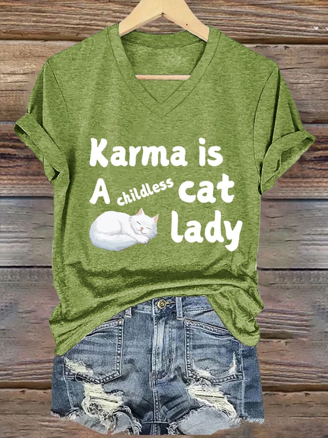 Women's Karma Is A Childless Cat Lady Printed Casual V-Neck T-Shirt