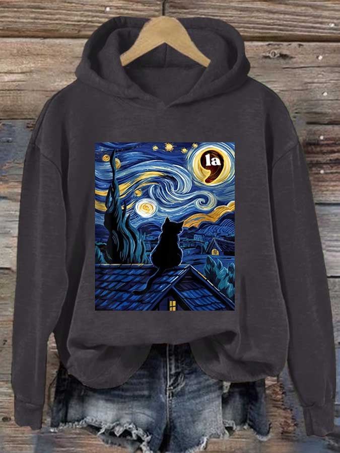 Retro Cat LA Starry Night Print Hoodie
