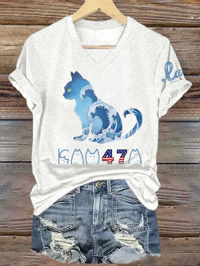 Women's La  Blue Wave Cat Printed Short-Sleeved T-Shirt