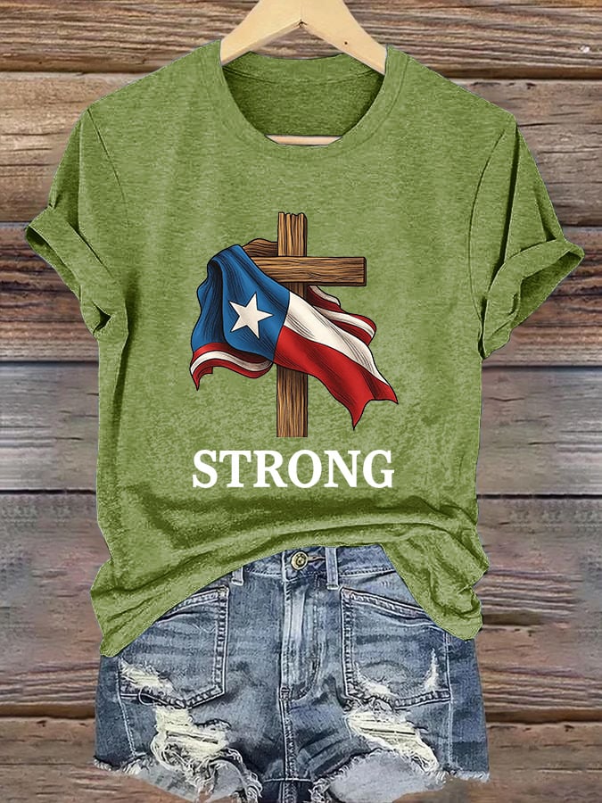 Retro Texas Strong Faith Cross Print T-Shirt