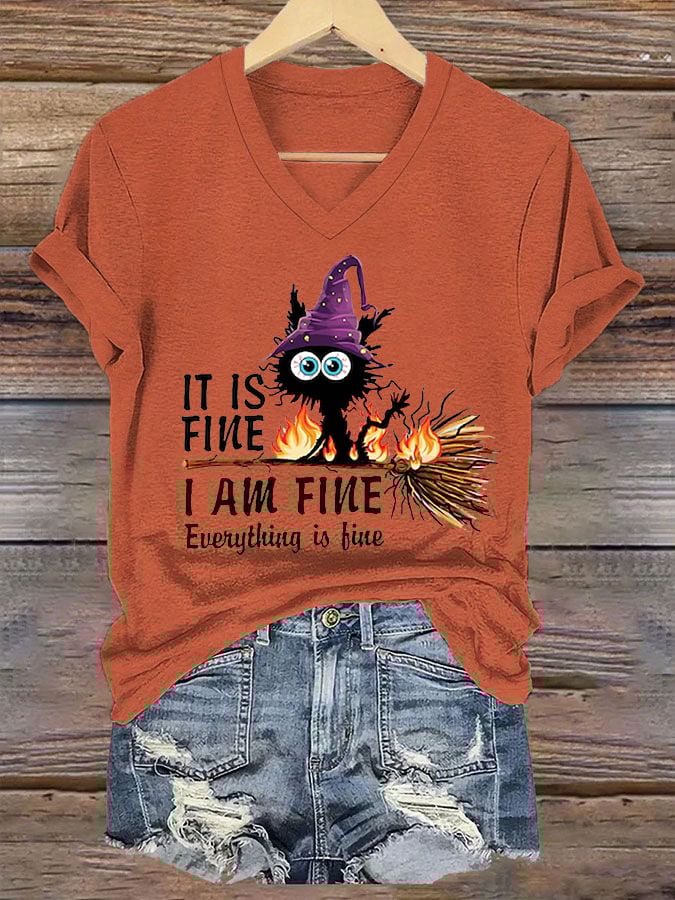 Women's Funny Halloween It's Fine I'm Fine It's Not My Blood Black Cat Print T-Shirt