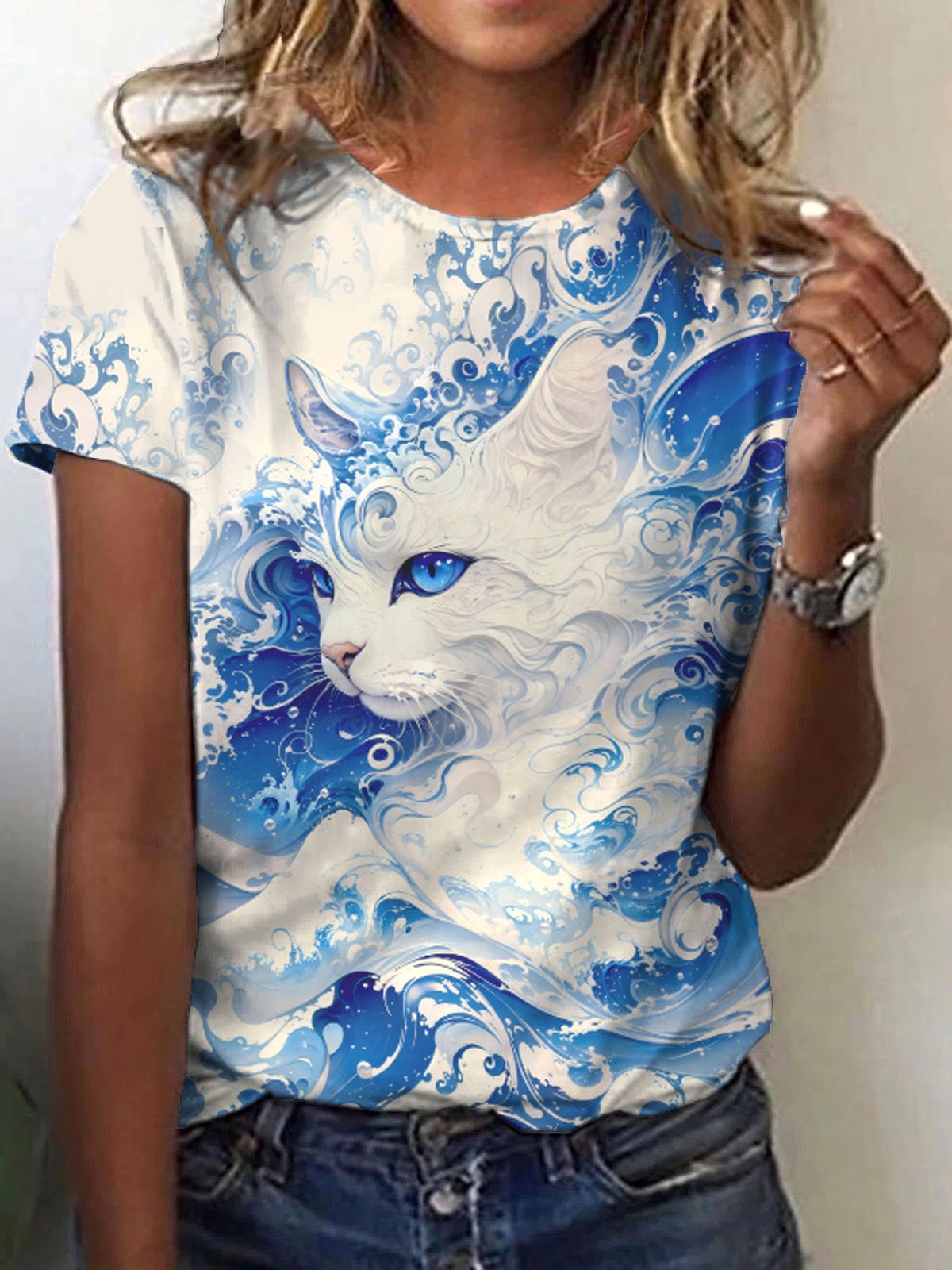 Women's Blue Wave Cat Print T-Shirt