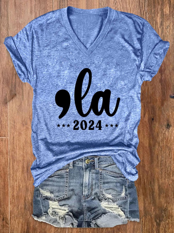 Women's Comma La Printed Casual V-Neck T-Shirt