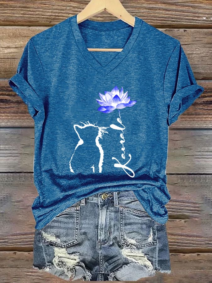 Women's Cat  Lotus Flower print casual T-shirt