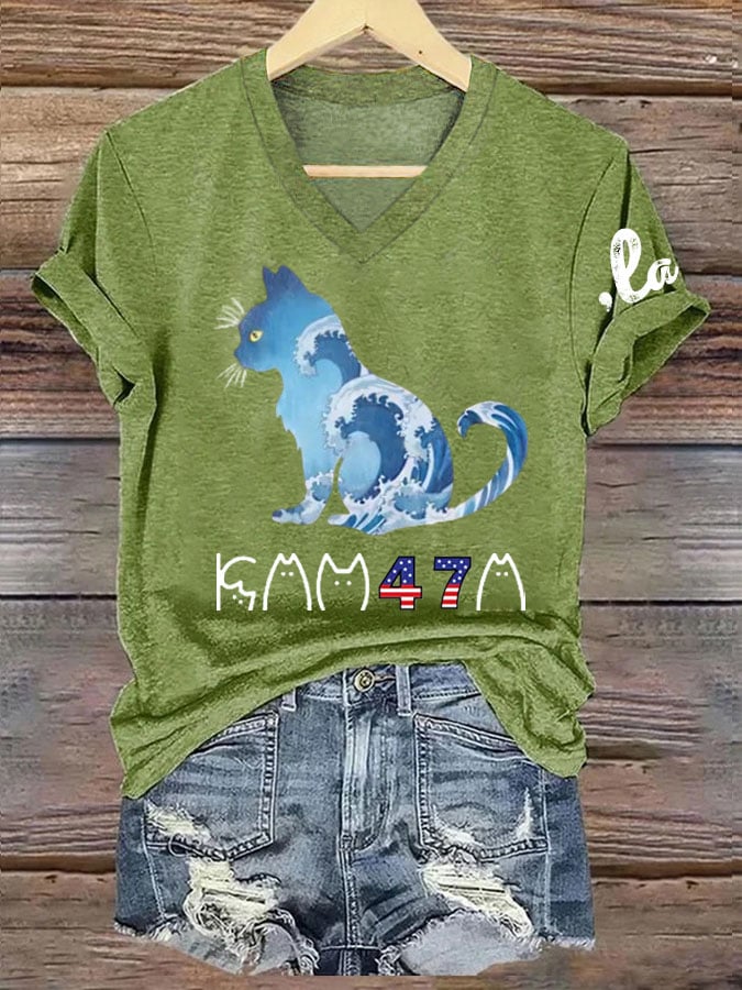 Women's La  Blue Wave Cat Printed Short-Sleeved T-Shirt