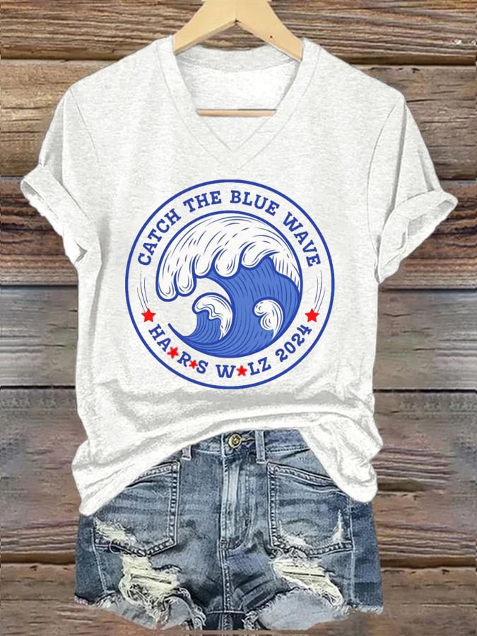 Women's La Catch The Blue Wave Printed Short-Sleeved T-Shirt