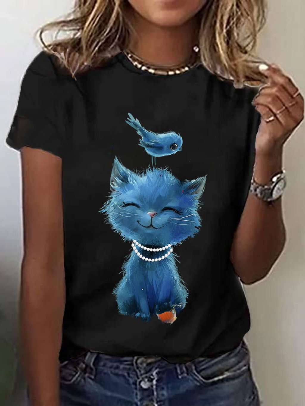 Women's Pearls Blue Cat Bird&Orange Print T-Shirt