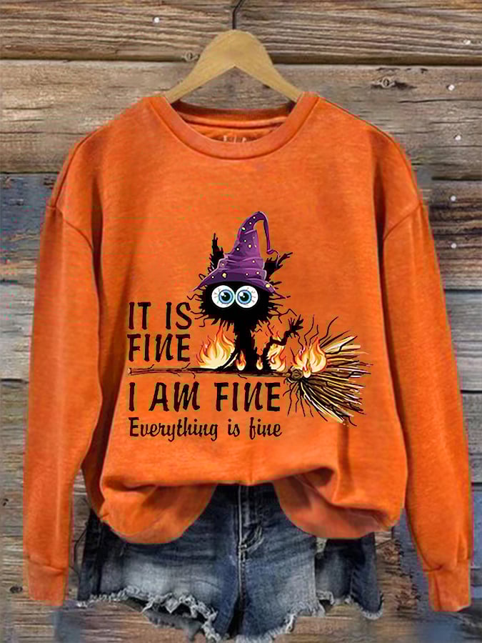 Women's Funny Halloween It's Fine I'm Fine Black Cat Print Crew Neck Sweatshirt