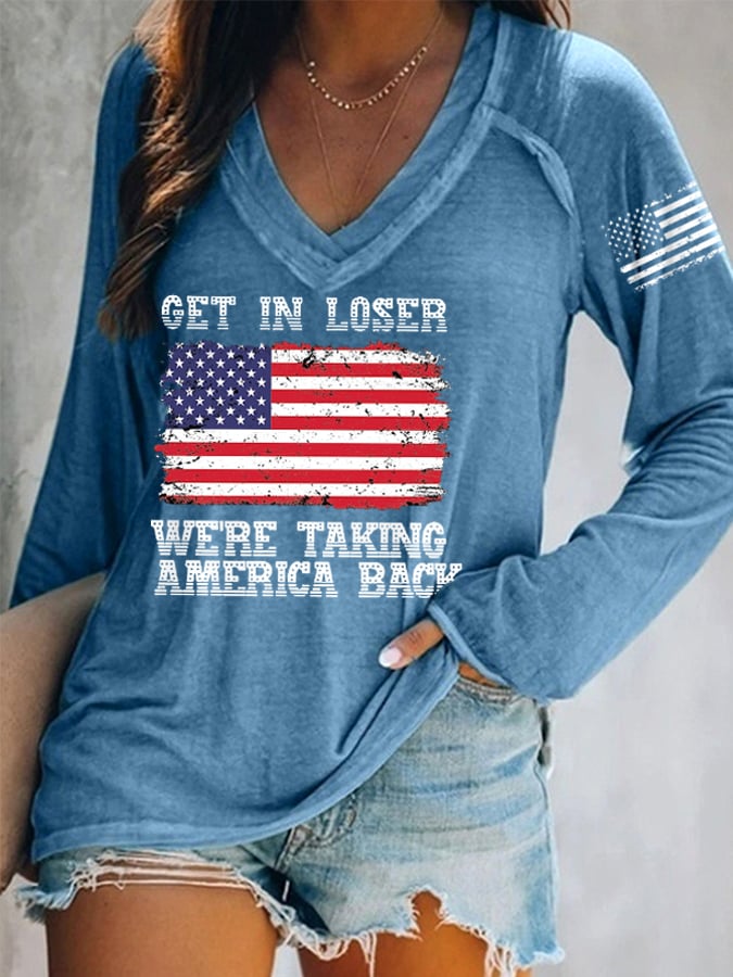 Women's Get In Loser We're Taking America Back 2024 Vote MAGA American Flag Long-Sleeve Top