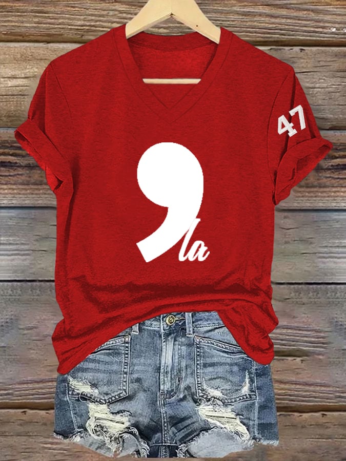 Women's La 47 Printed Casual V Neck T-Shirt
