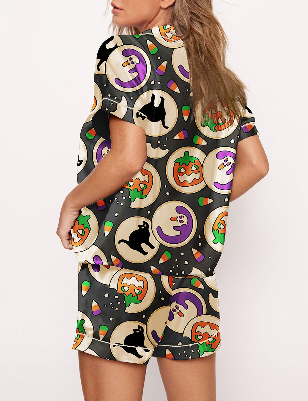 Women's Halloween Pumpkin Black Cat Pajama Set