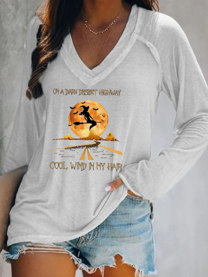 Women's Halloween On A Dark Desert Highway Cold Wind In My Hair Printed V-neck T-shirt
