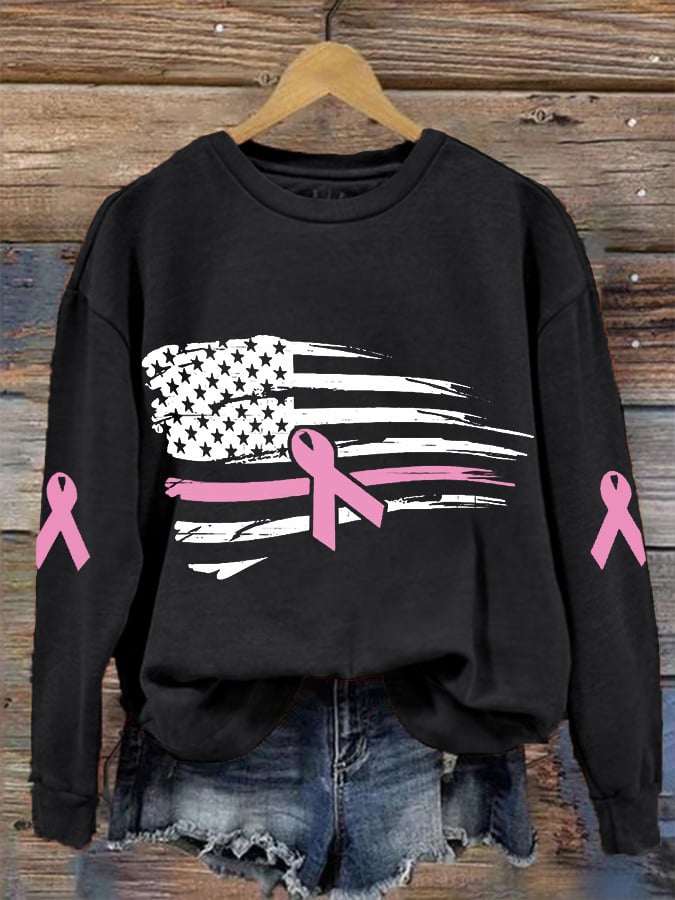 Women's Pink Ribbon Breast Cancer Awareness American Flag Sweatshirt