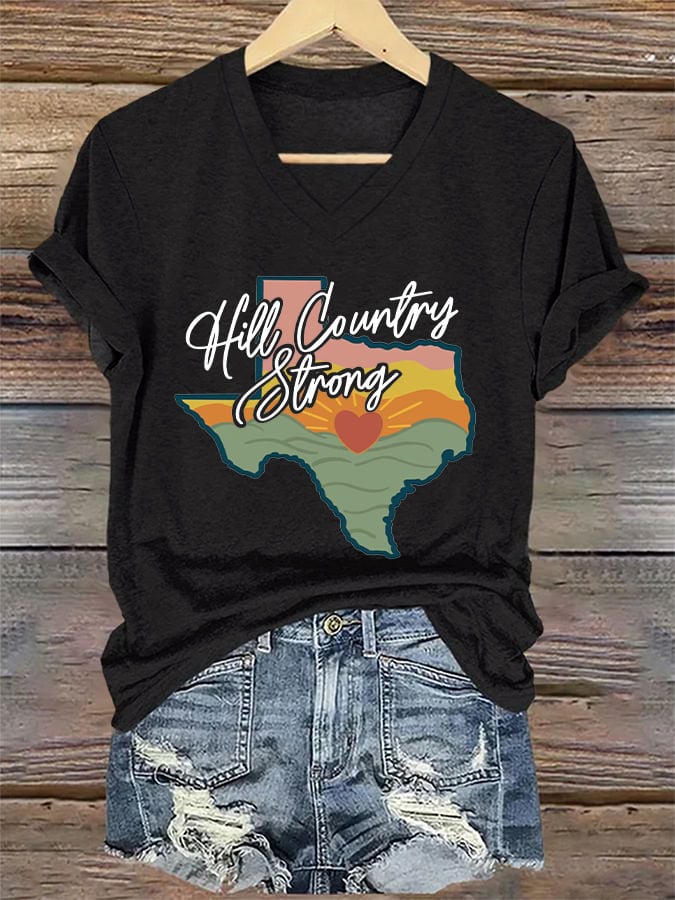 V-Neck Retro Texas Strong Hill Country Strong Print T-Shirt