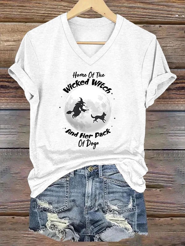 Home Of The Wicked Witch And Her Pack Of Dogs Print V Neck T-Shirt