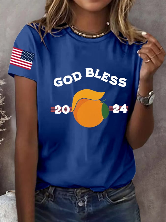 Women's God Bless Trump Printed Round Neck Short Sleeve T-Shirt
