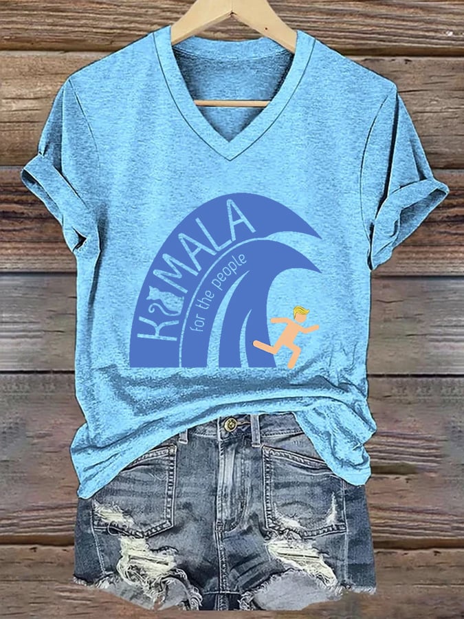 Women's Blue Wave Print V-Neck T-Shirt