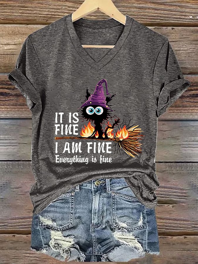 Women's Funny Halloween It's Fine I'm Fine It's Not My Blood Black Cat Print T-Shirt