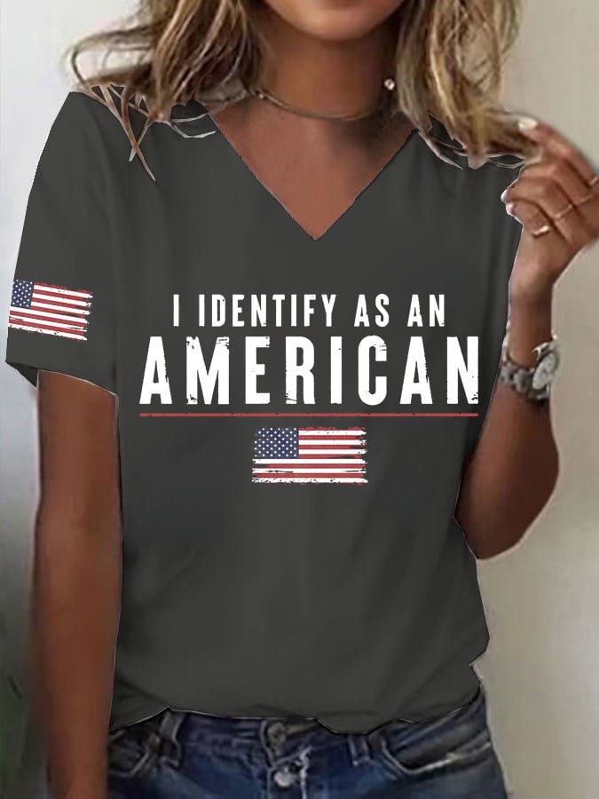 Women's I Identify As An American Print V Neck T-shirt