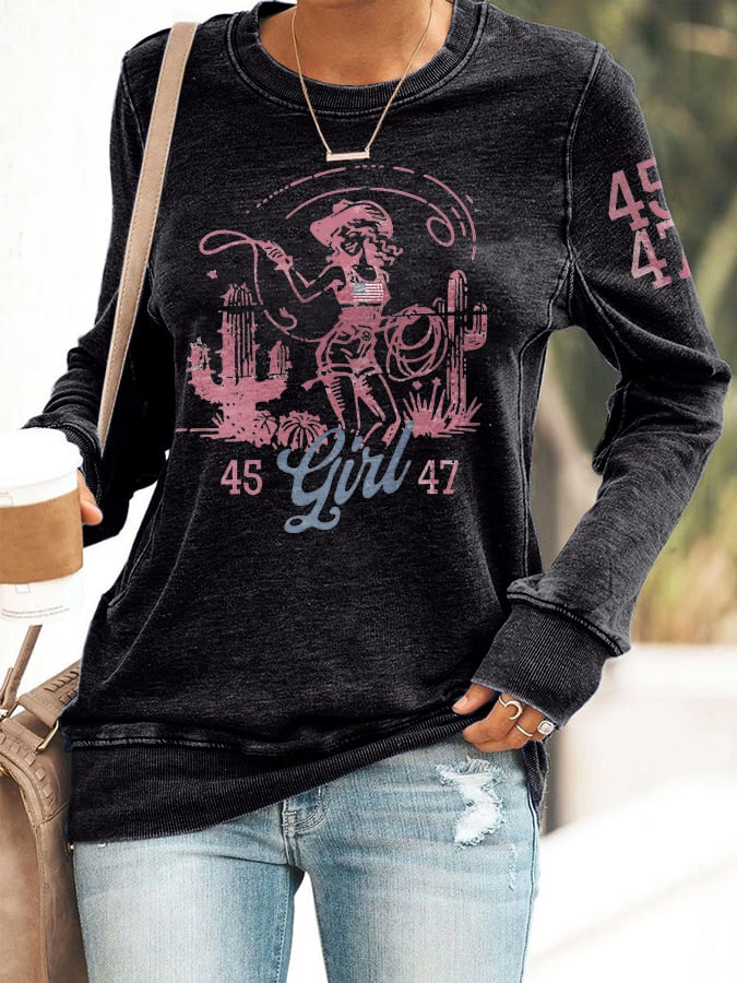 Retro 45 47 Flag Western Cowboy Girl Cactus Print Sweatshirt