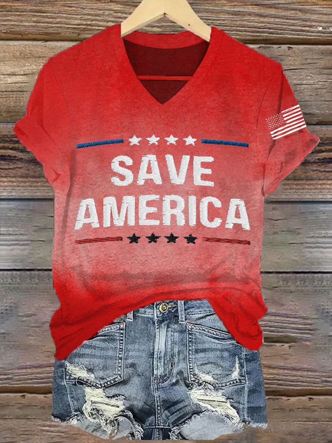 Save America Print Casual V-Neck T-Shirt