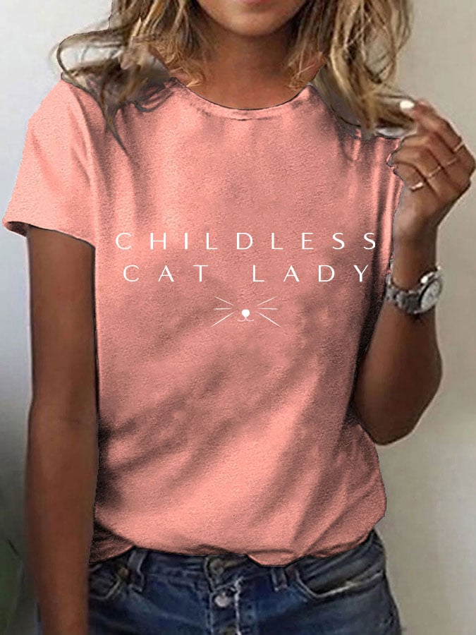 Women's Childless Cat Lady Print O-Neck T-Shirt