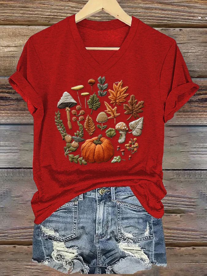 Halloween Pumpkin Maple Leaf Print T-Shirt