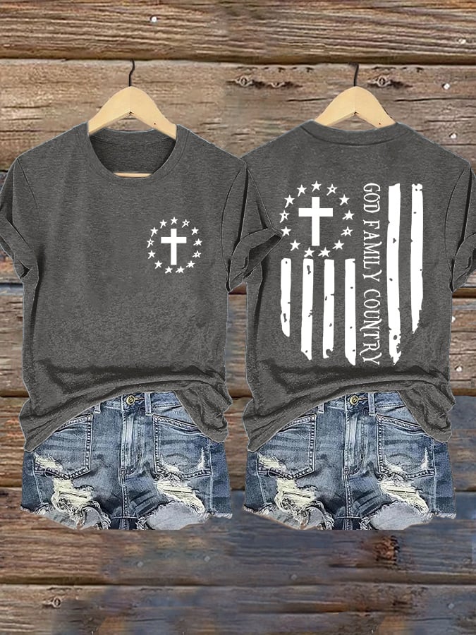 Retro Faith Cross God Family Country Print T-Shirt