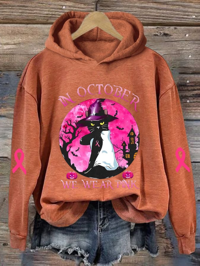 Women's Breast Cancer Awareness In October We Wear Pink With Black Cat Halloween Print Hoodie
