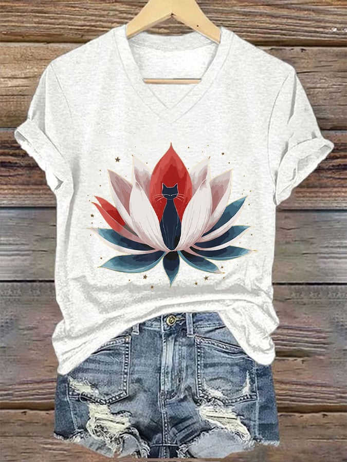 Women's Lotus&Cat Print T-Shirt